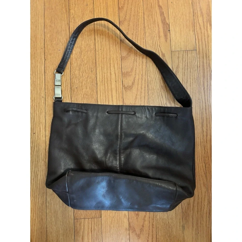 Liz Claiborne Dark Brown Genuine Leather Large Shoulder Hobo Tote Bag LC Logo[J]